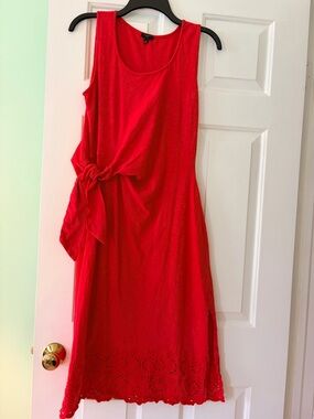 Talbots Red Sleeveless Tie-Waist Eyelet-Hem Midi Dress